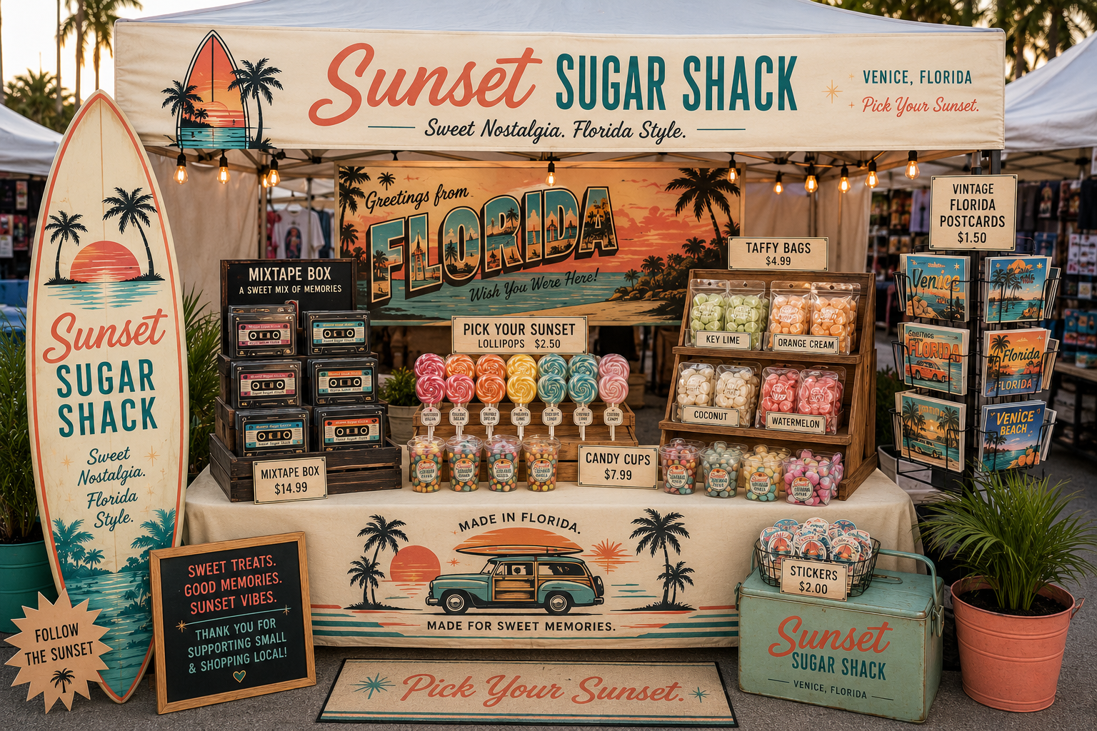 Colorful vintage candy assortment at Sunset Sugar Shack